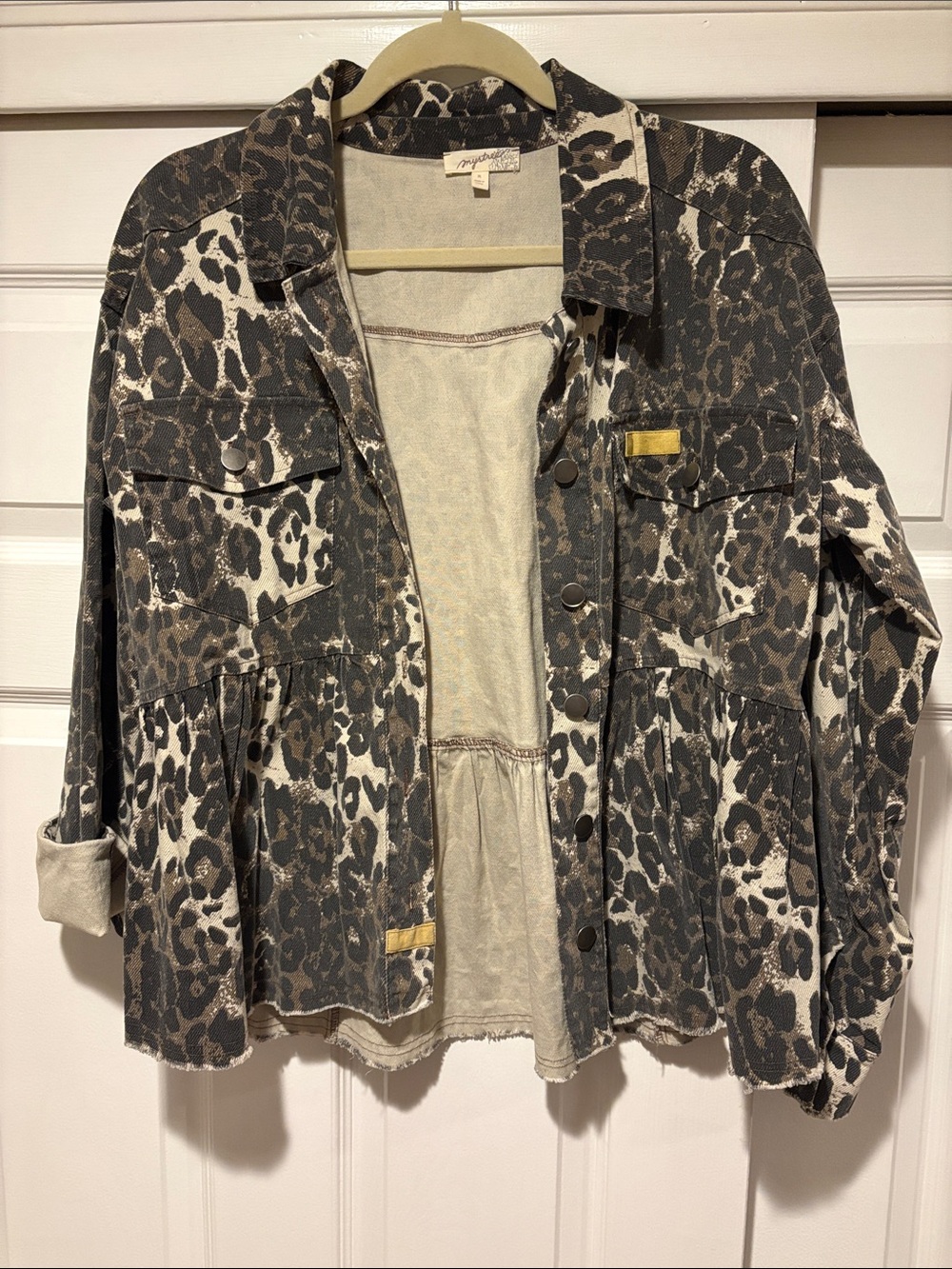EUC Mystree Leopard-Print Peplum Twill Jacket in Brown/Black/Tan